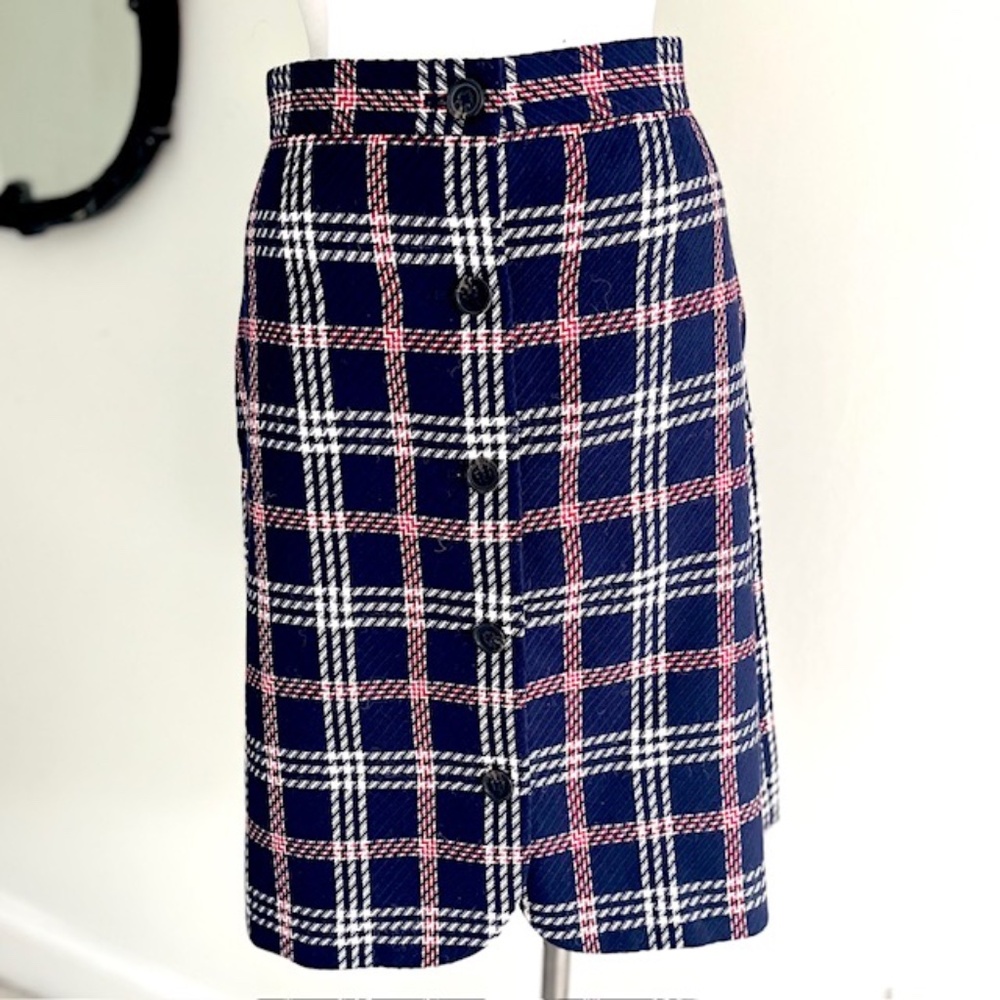 Brooks Brothers - Red Fleece Navy Plaid Wool Skirt Size 14